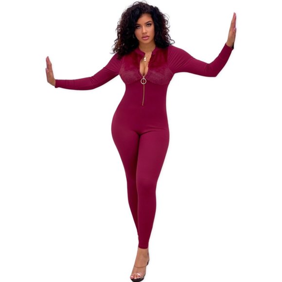 THEA FRONT ZIPPER LONG SLEEVE JUMPSUIT - BURGUNDY - Picture 2 of 4